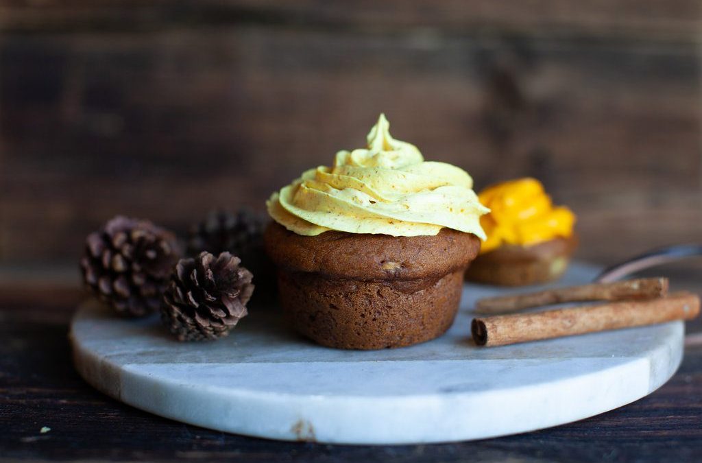 Pumpkin Spice Muffins with Naturally Coloured Coconut Vanilla Icing