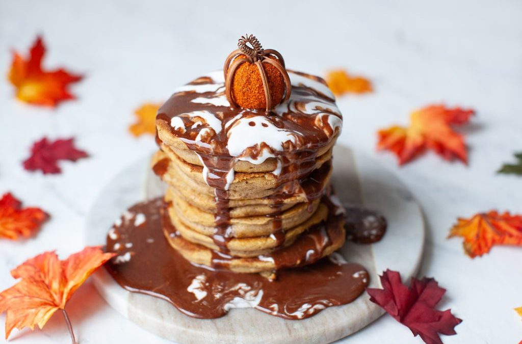 Pumpkin Spice Pancakes with Coconut Cream and Chocolate Maple Syrup