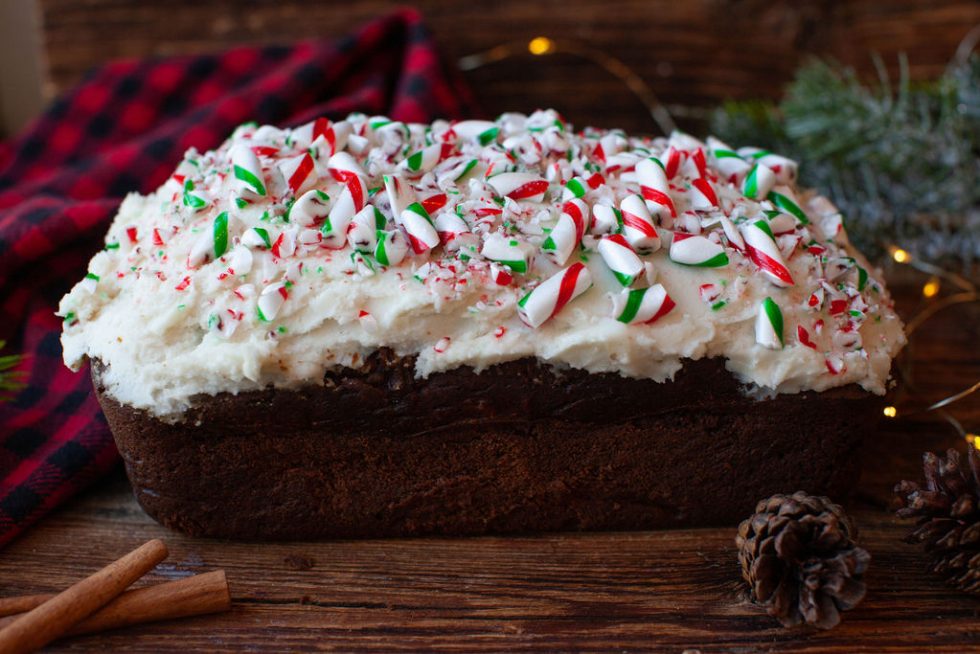 Chocolate Peppermint Loaf with Candy Cane Vanilla Icing Amber Approved
